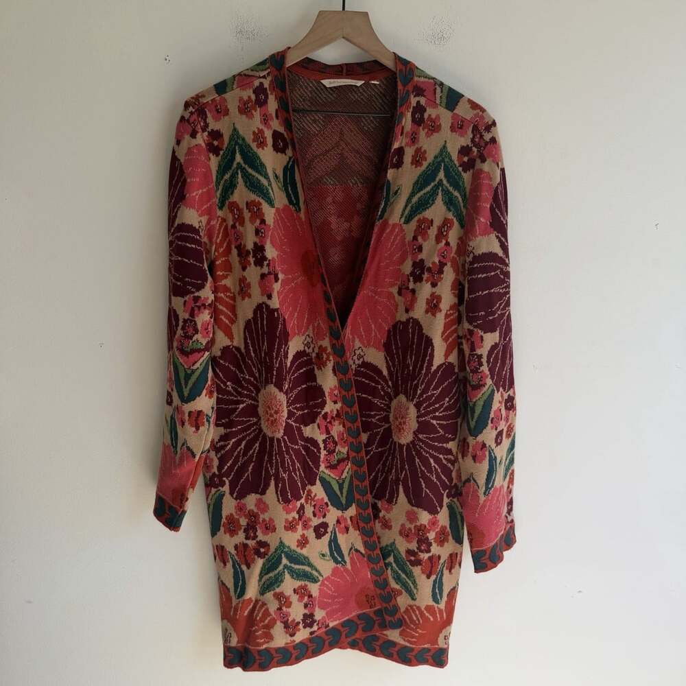 Soft Surroundings Floral Boho Open Front Long Cardigan Sweater Size 3X Plus Red